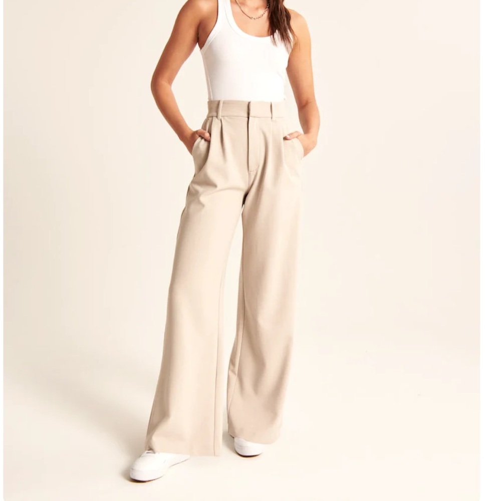 Beige Wide-Leg Tailored Pants
